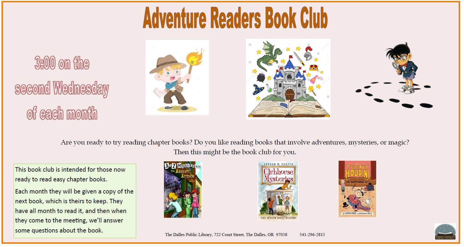 Adventure Readers book club, second Wednesday of the month