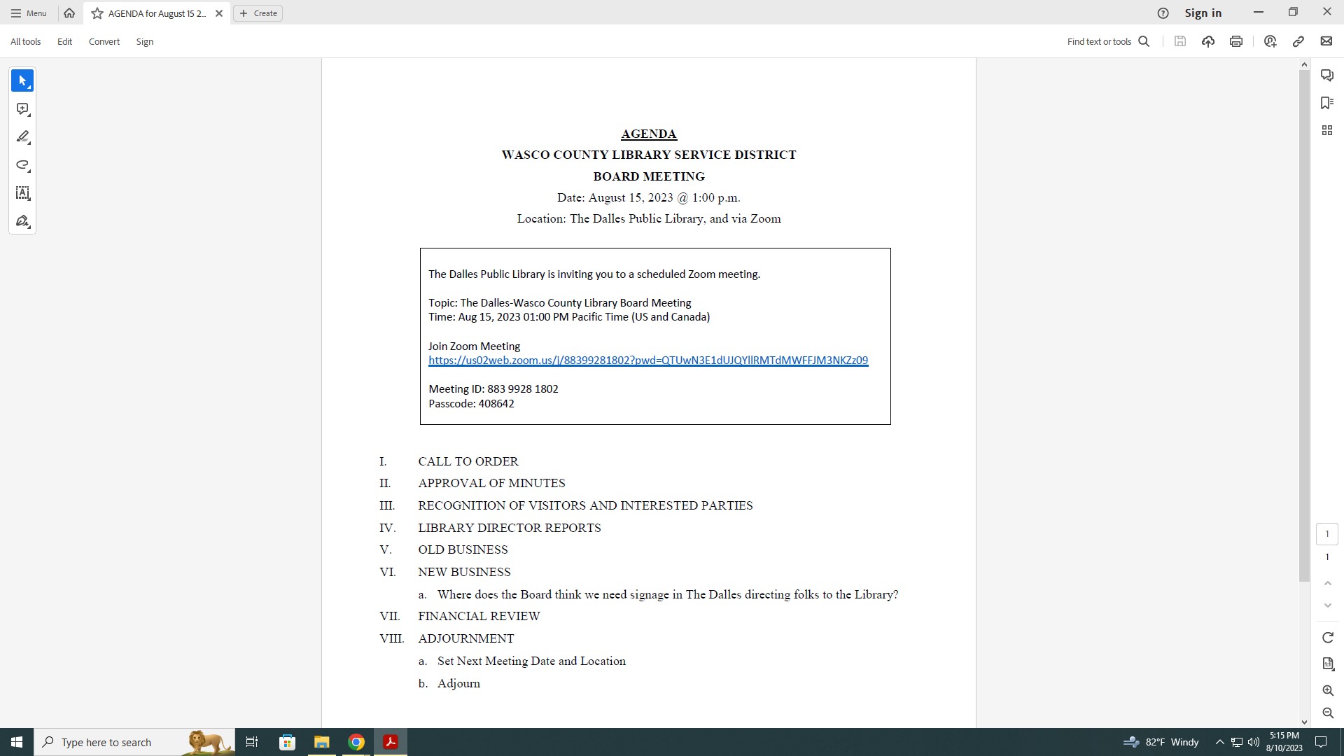 Agenda for Library Board meeting of August 15, 2023