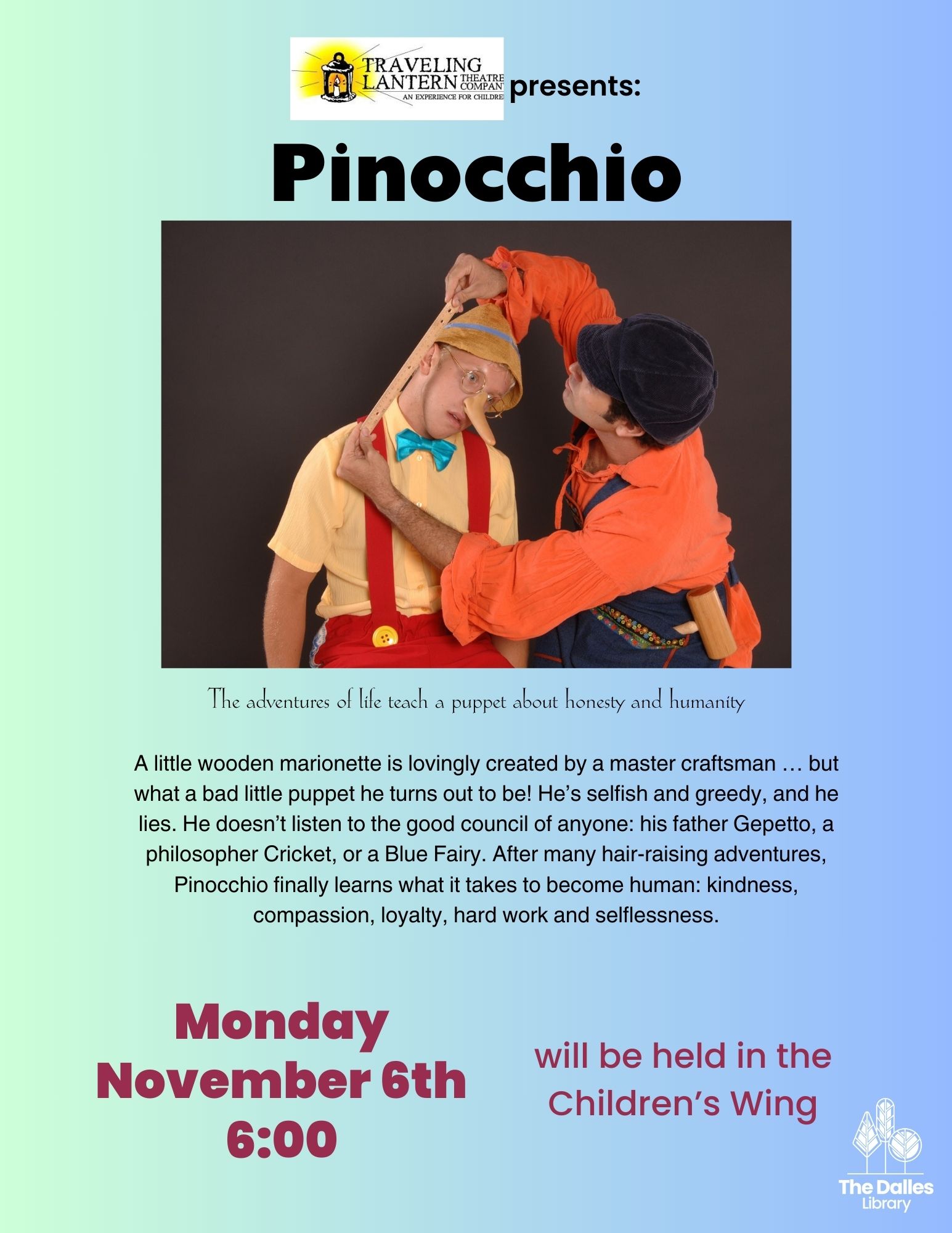 the story of Pinocchio, as told by Traveling Lantern Theater