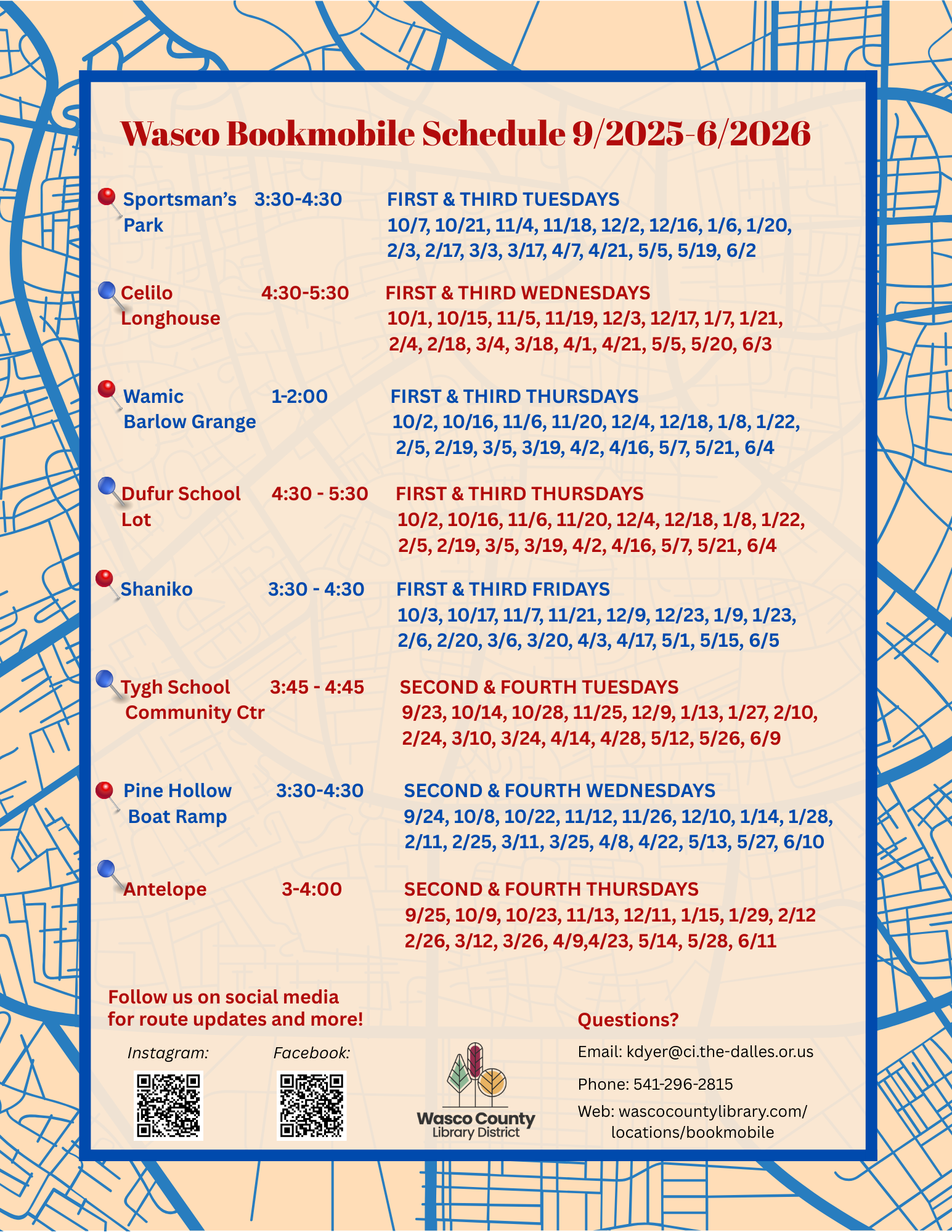 Wasco County Bookmobile 2025/2026 Schedule