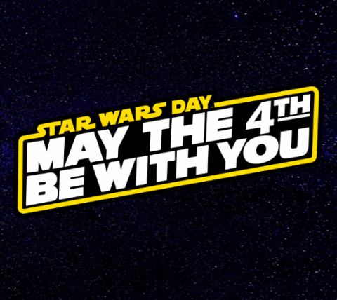 Yellow and white text on black starry background that reads Star Wars Day May the 4th Be With Youl