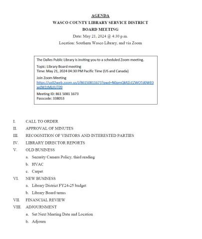 Agenda for Board meeting